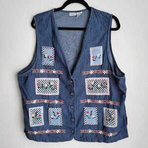 Vintage Denim Quilted Patchwork Floral Embroidered 90s Y2K Vest Jacket